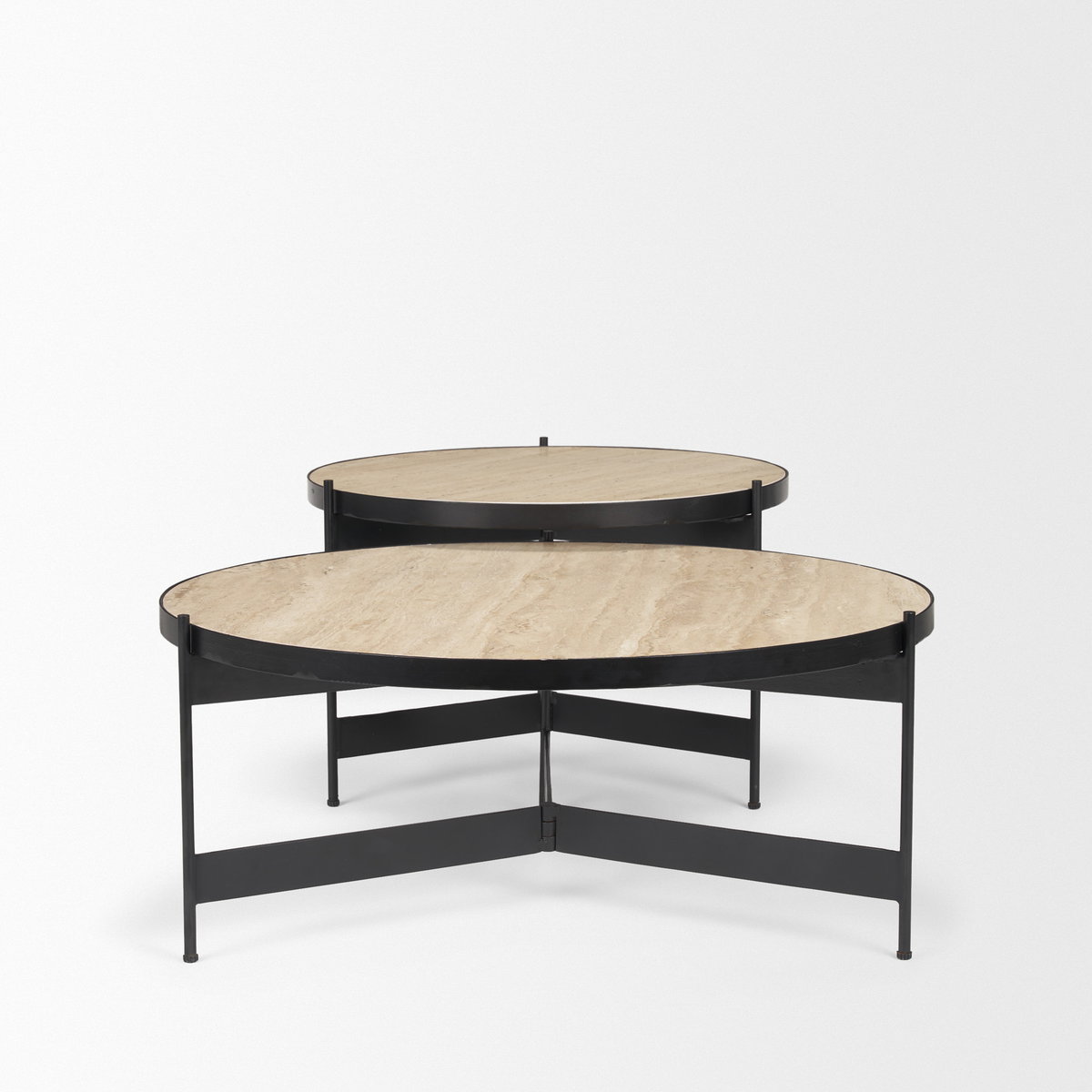 Wade Travertine Marble with Matte Black Metal Coffee Tables, by Mercana, 56" length x 32" width x 13.5" height View 6