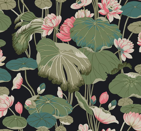 Lotus Pond Black & Pink Wallpaper