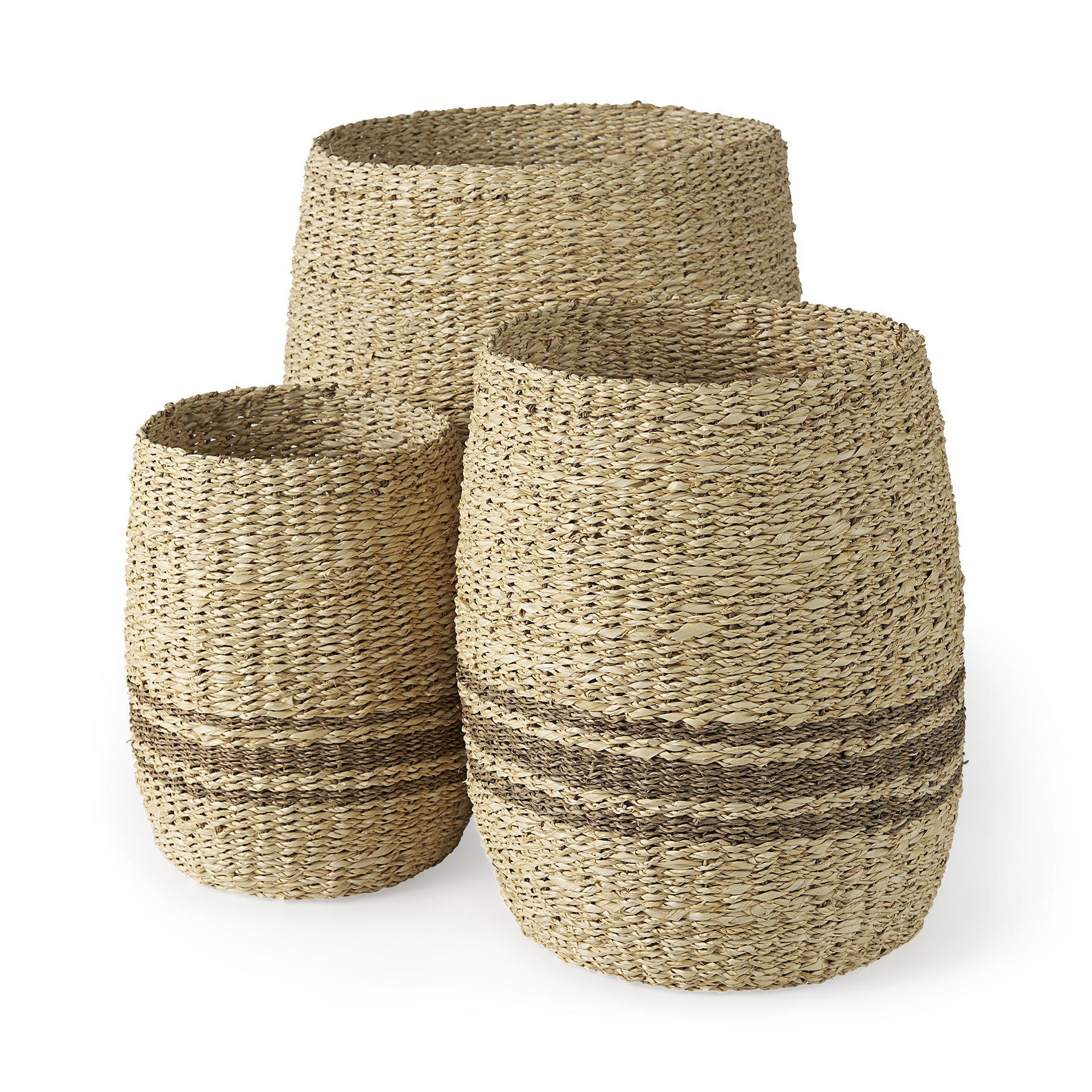 Sivannah  (Set of 3) Light Brown and Medium Brown Striped Seagrass Round Basket, Bins & Basket by Mercana, 19.69" length x 19.69" width x 23.62" height View 1