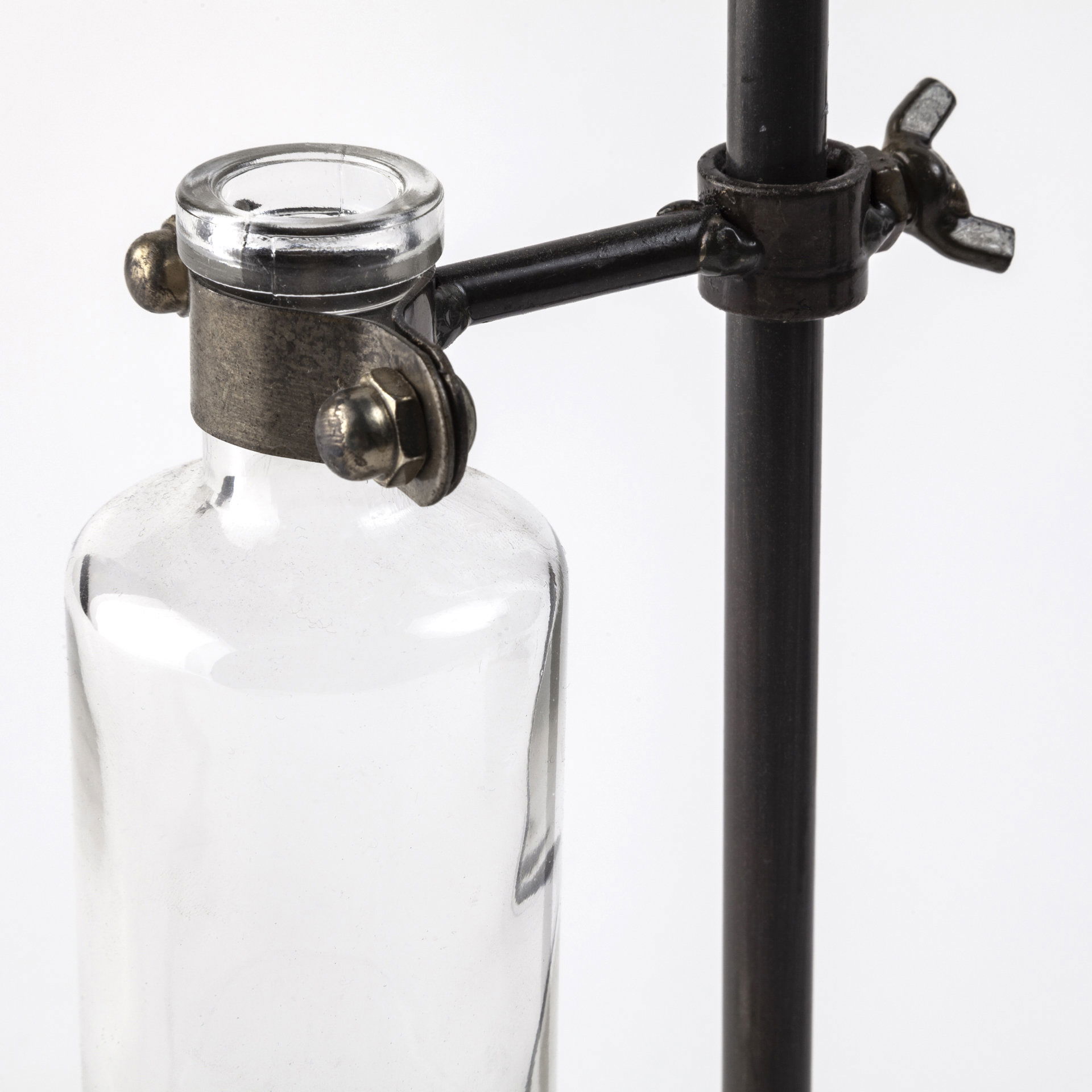 Jarvis Set of Five Dark Brown Metal and Glass Chemistry Inspired Bottles, Vase by Mercana, 5" length x 5.12" width x 12.5" height View 12