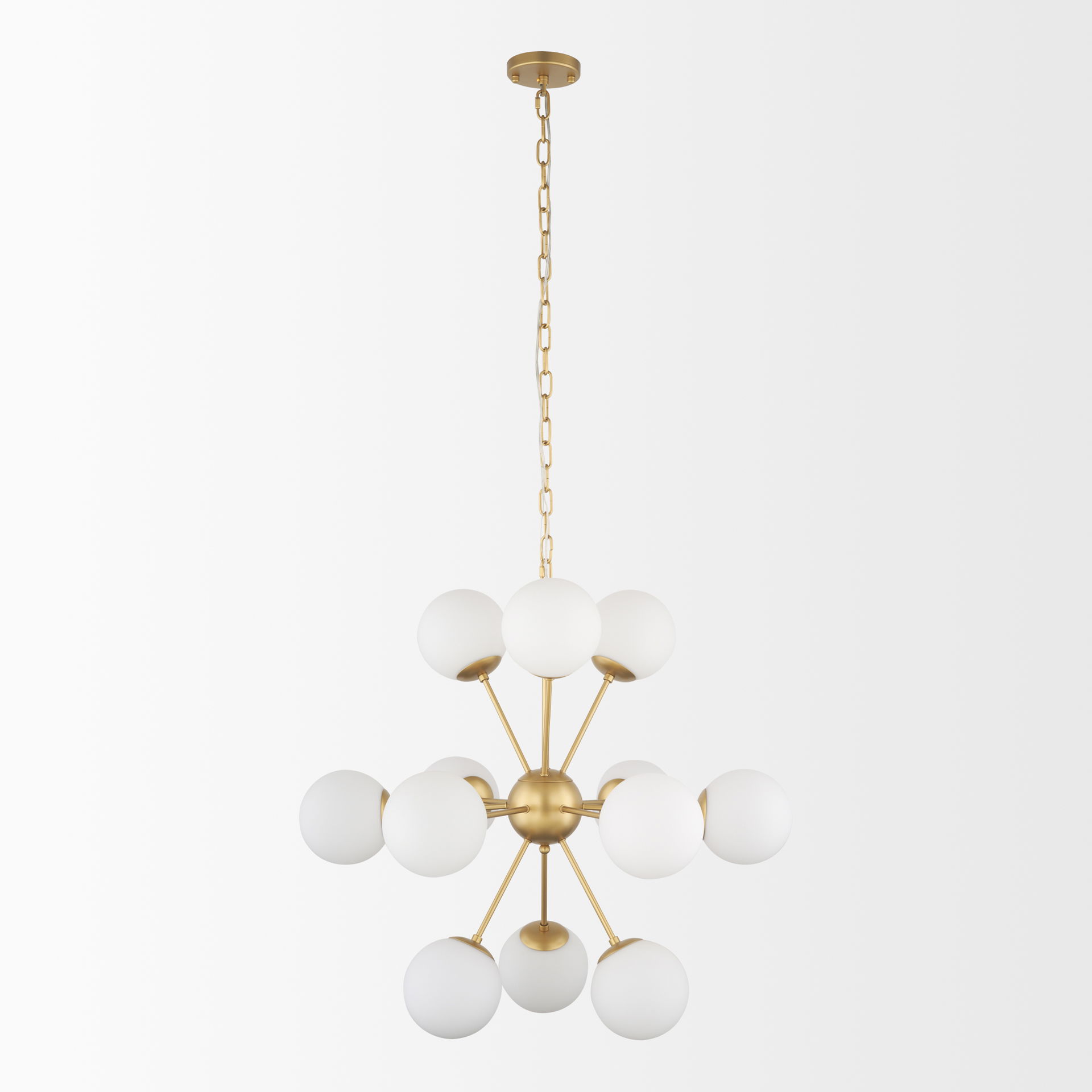 Barbara Brushed Gold Metal with Frosted Glass Globes 11-Light Chandelier, by Mercana, 31.5" length x 31.5" width x 31.5" height View 3