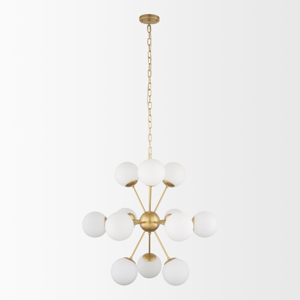 Barbara Brushed Gold Metal with Frosted Glass Globes 11-Light Chandelier, by Mercana, 31.5" length x 31.5" width x 31.5" height View 3