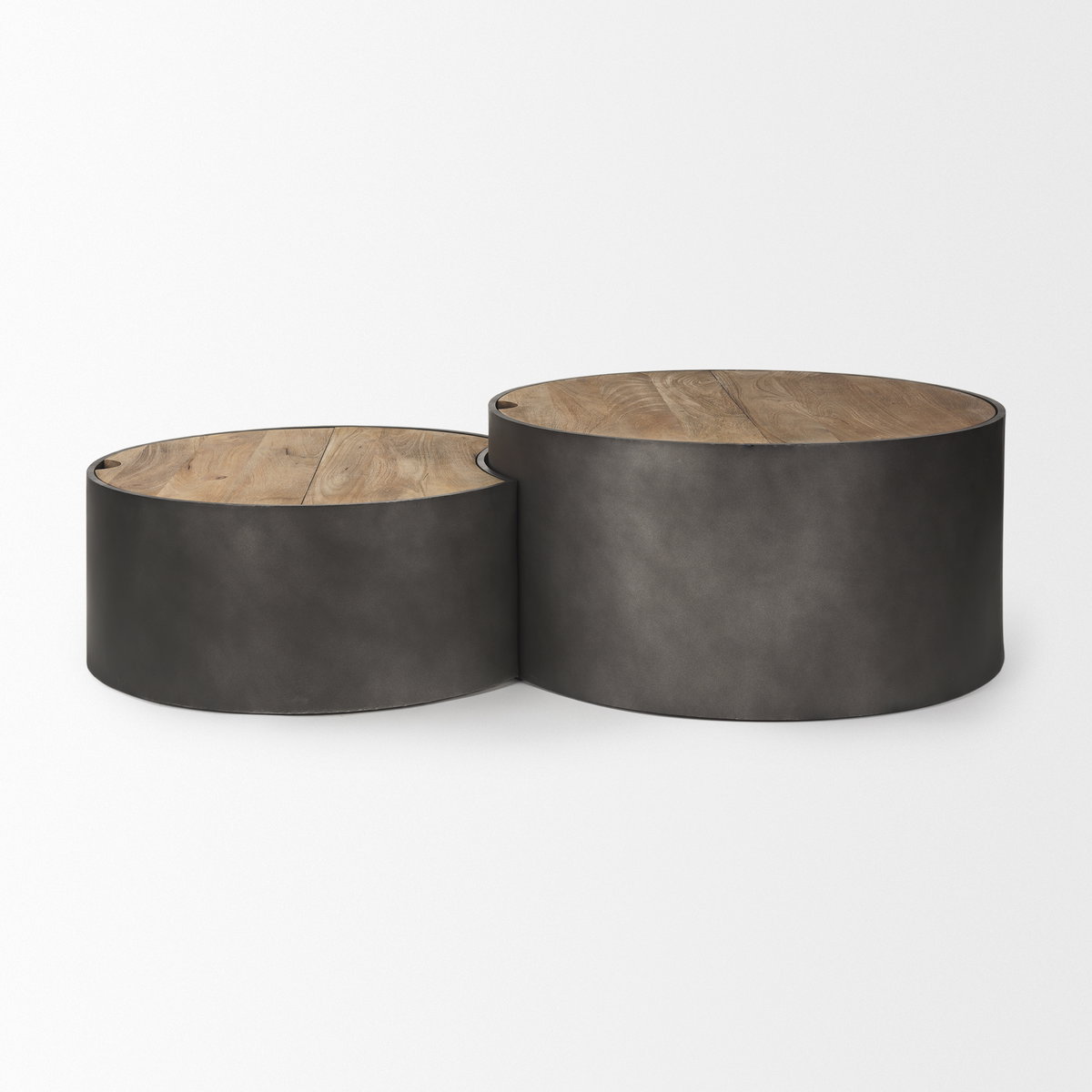 Eclipse Gunmetal Gray Drum Base with Brown Wood Top Nested Coffee Table, by Mercana, 36.22" length x 36.22" width x 17.32" height View 5