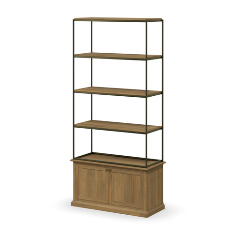Braxton Light Brown Wood with Dark Aged Brass Metal Three Shelf Shelving Unit