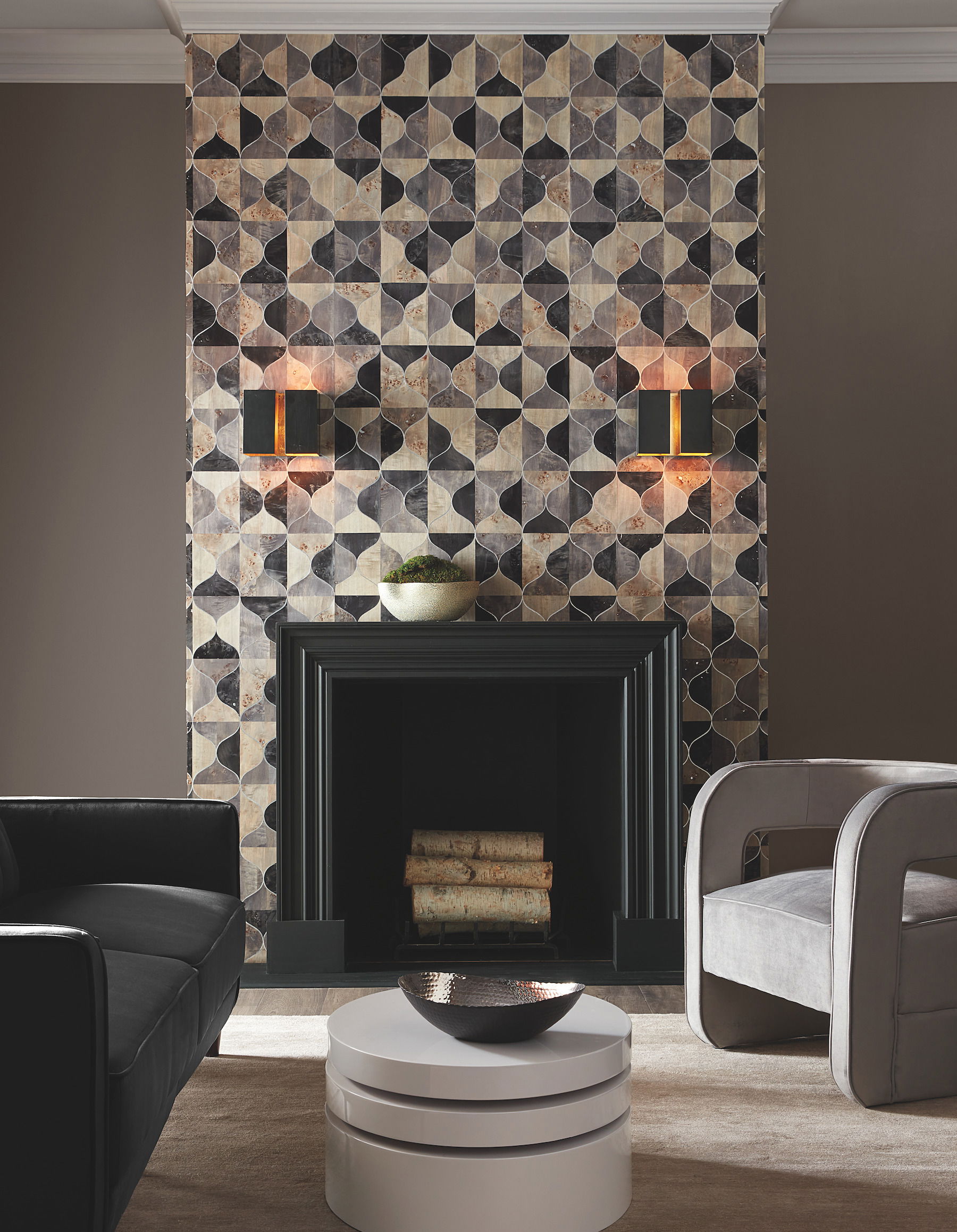 Burlwood Ogee Black & Taupe Wallpaper large image 