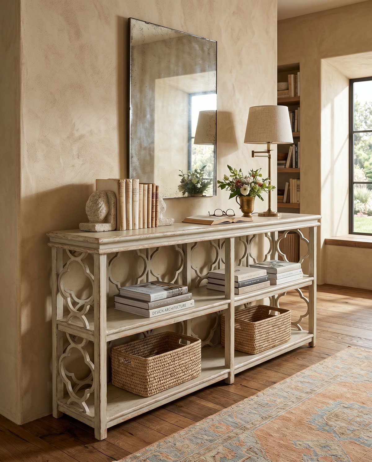 Quatrefoil Bookshelf Console Table, by Sarreid, 1'4" length x 6'6" width x 2'11" height View 14