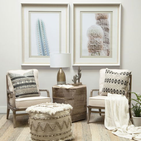 Caela Beige/Brown Wool, Cotton and Felt Popcorn Stitch Square Pouf