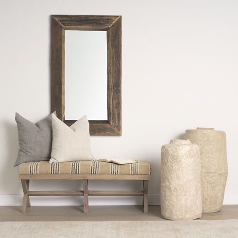 Solis 50L x 16W Brown Base Upholstered Beige/Black Stripe Seat Accent Bench