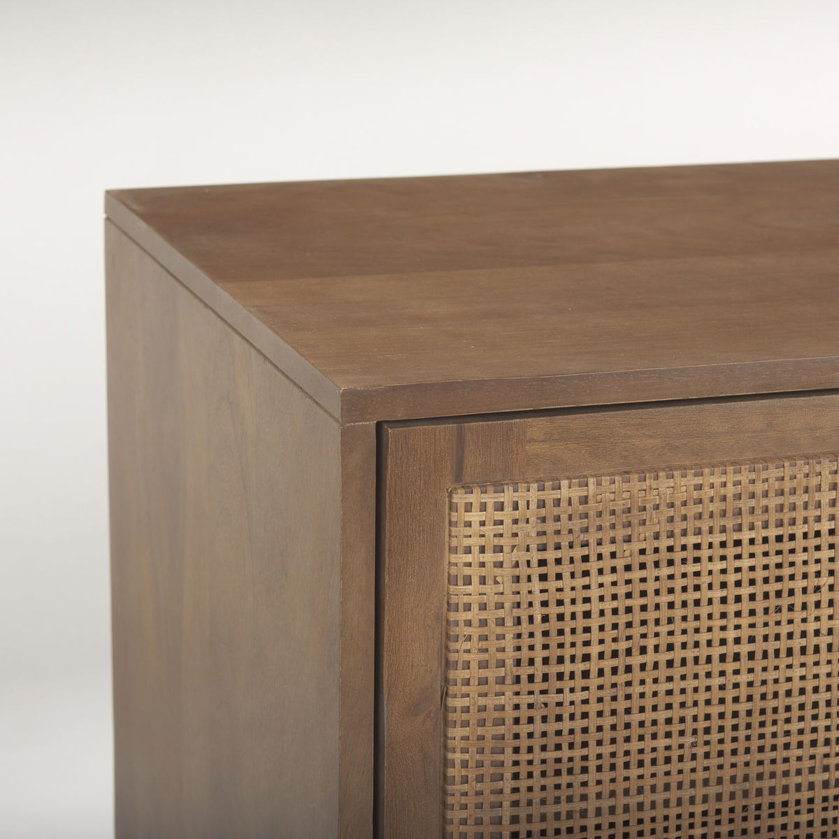 Grier 65' Medium Brown Wood with Cane Media Console, by Mercana, 65" length x 18.75" width x 23" height View 10