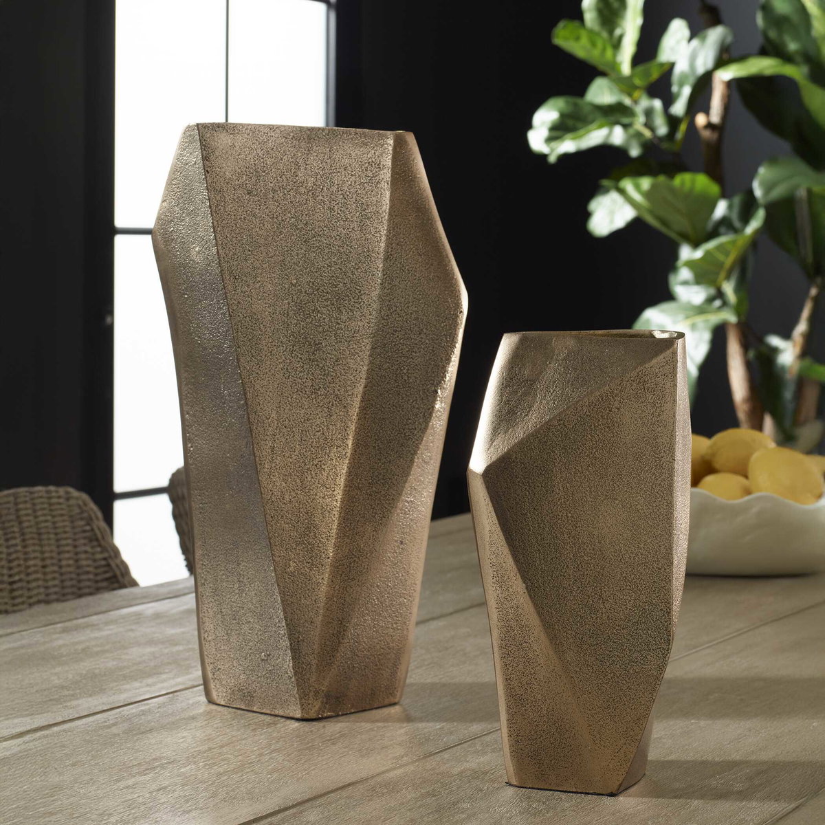 GeoForm Indoor-Outdoor Brass Vases Set/2, Decorative by Uttermost, 9.5" width x 17.5" height x 6.12" depth View 2