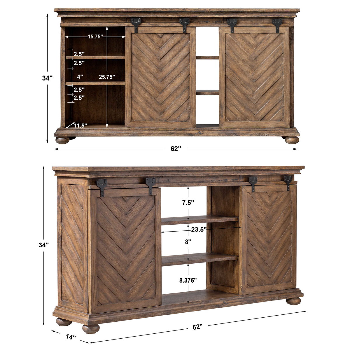 Primalia Barn Door Media Console, by Uttermost, 5'2" width x 2'10" height x 1'2" depth View 3