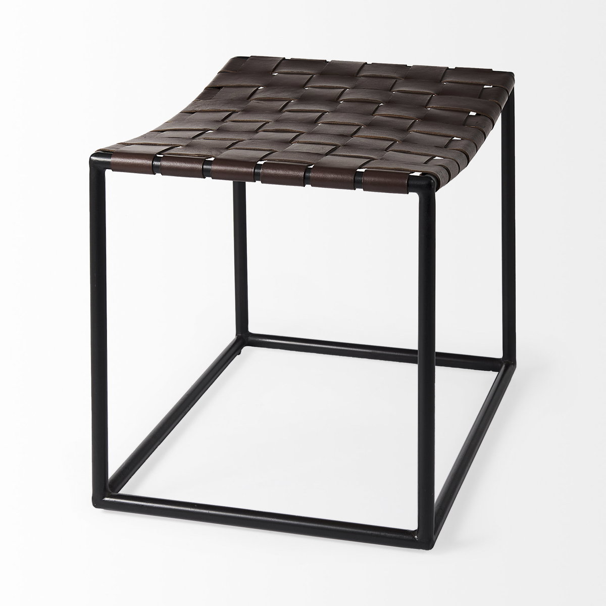 Clarissa  Brown Leather Woven Seat with Black Metal Frame Stool, Benche by Mercana, 22" length x 16" width x 16.5" height View 6