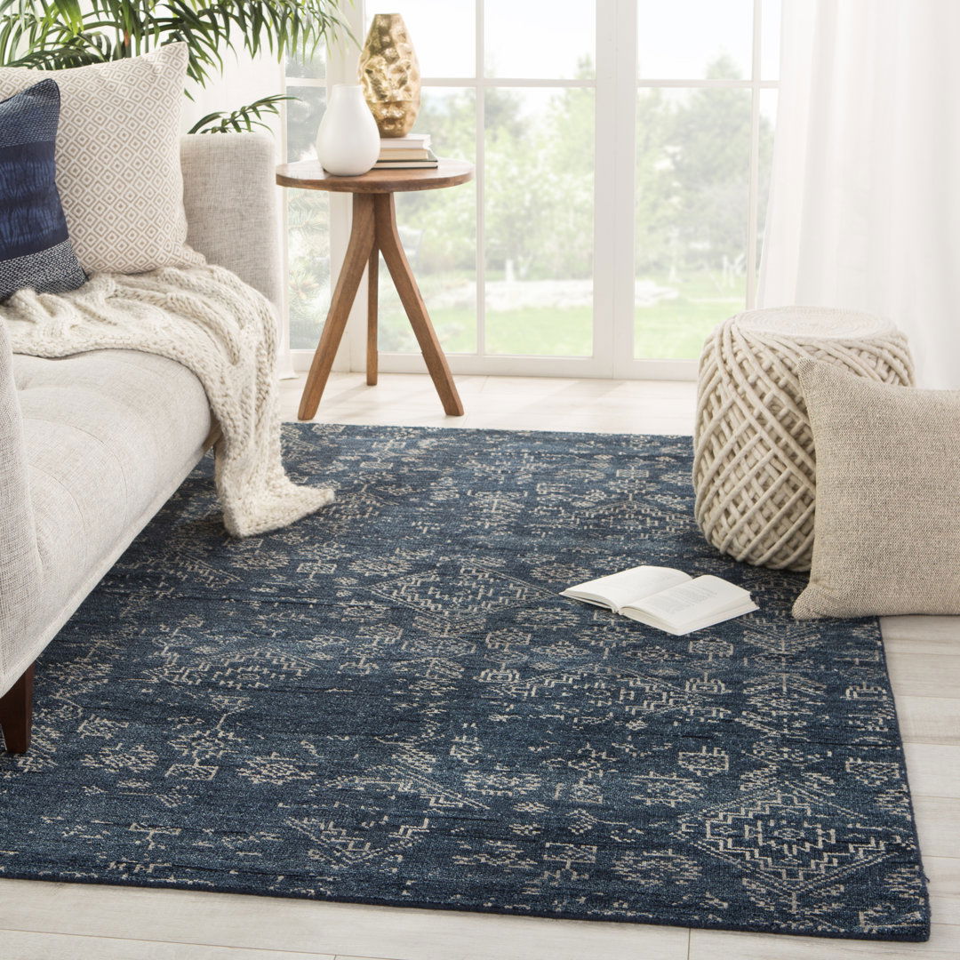 Azuma Hand-Knotted Tribal Dark Blue/ Light Gray Area Rug large image 