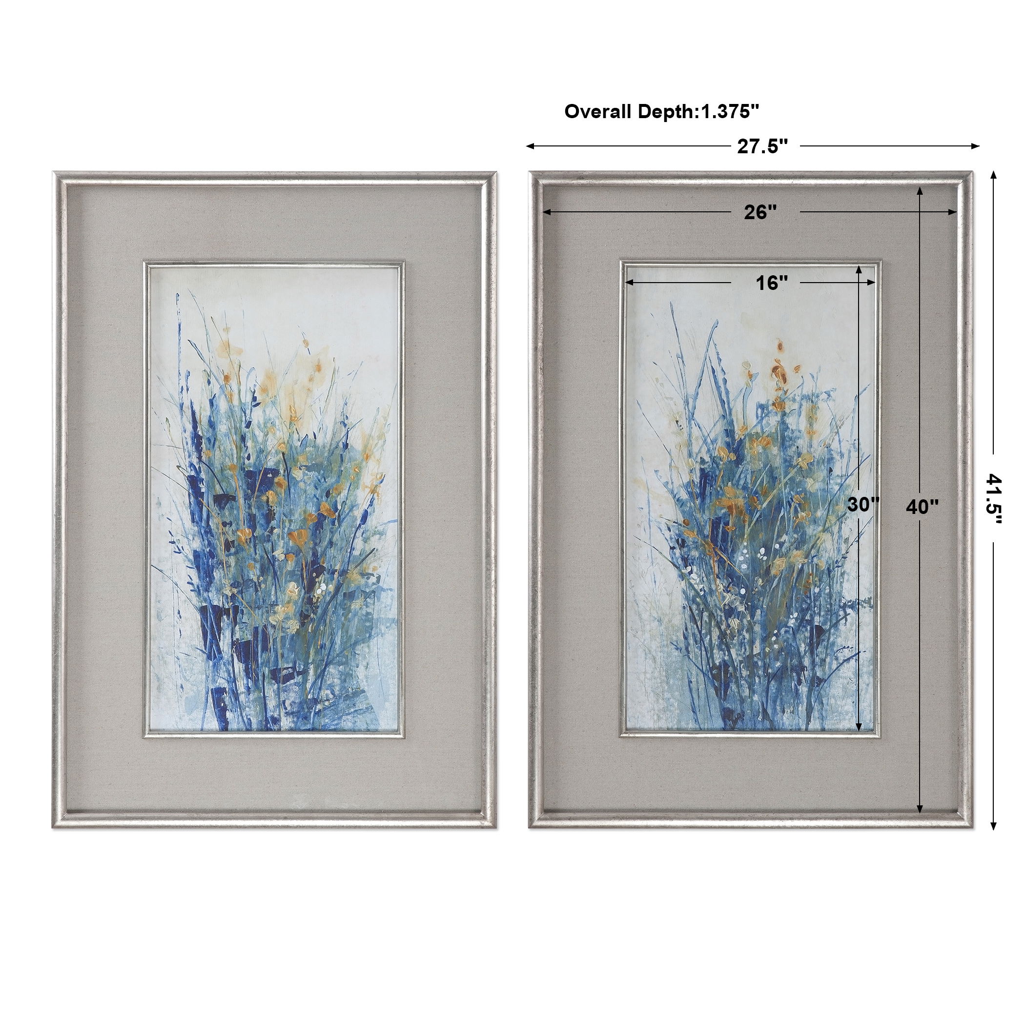 Indigo Florals Framed Art Set/2, Painting by Uttermost, 27.5" width x 41.5" height x 1.37" depth View 3