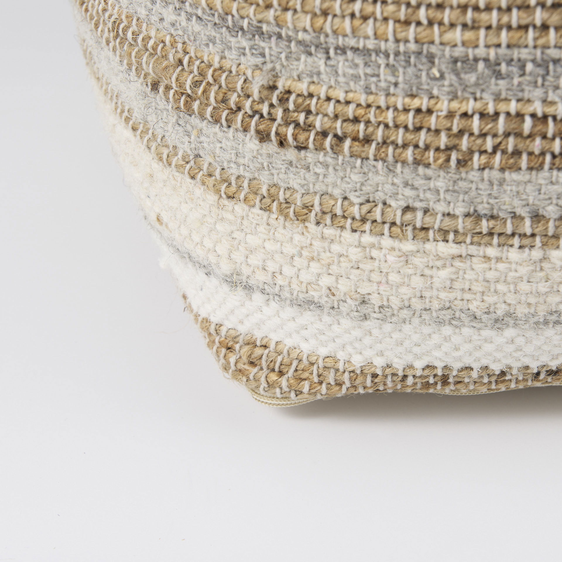 Aahana  White/Taupe/Gray Striped Hemp and Cotton Pouf, Ottoman by Mercana, 16" length x 16" width x 16" height View 10