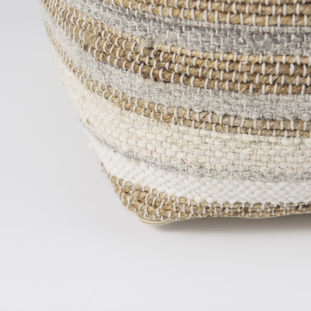 Aahana  White/Taupe/Gray Striped Hemp and Cotton Pouf, Ottoman by Mercana, 16" length x 16" width x 16" height View 10