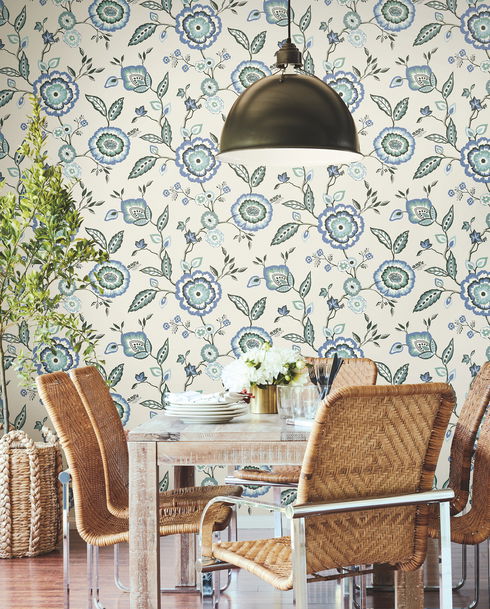Dahlia Blooms Blue & White Wallpaper