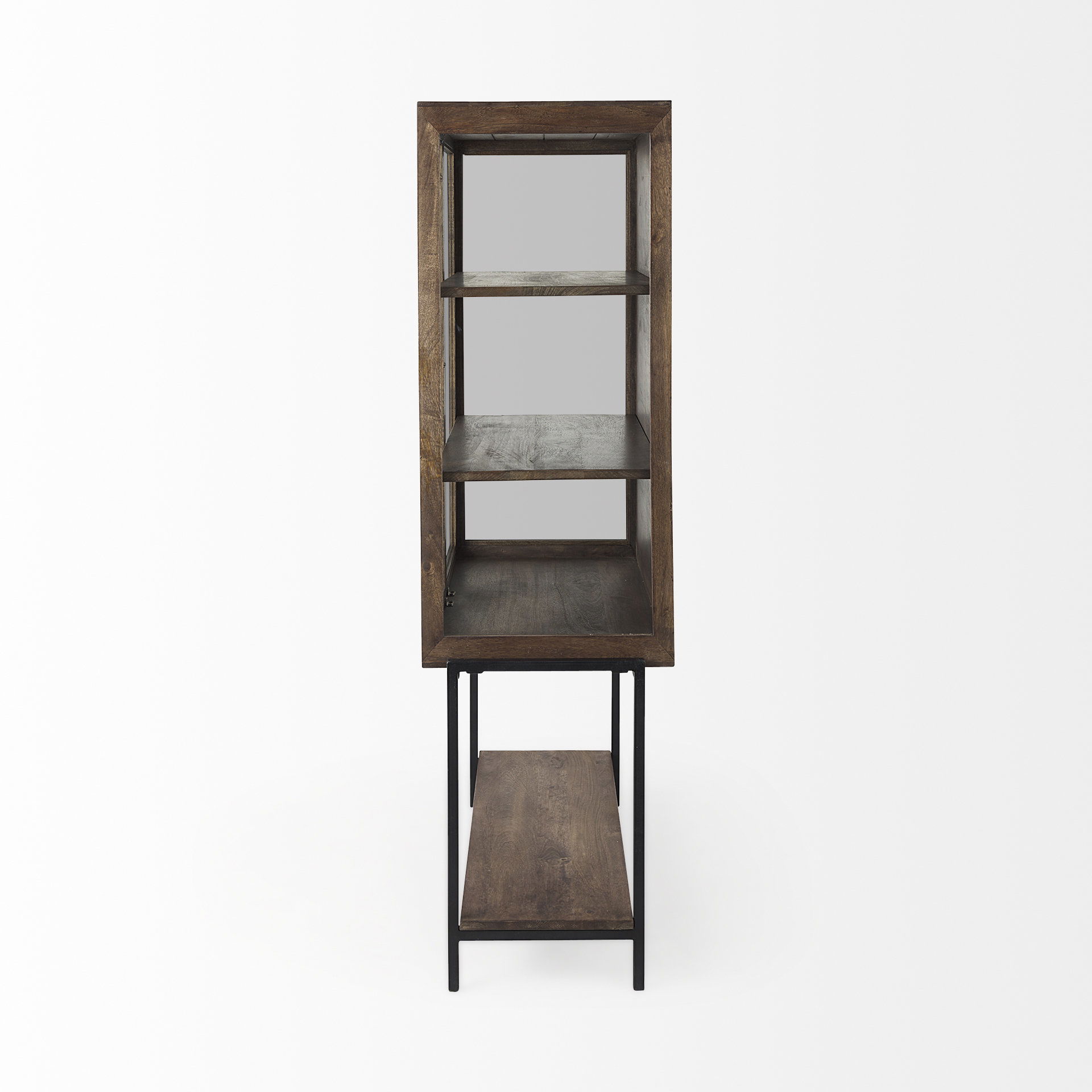Arelius 36L x 18W x 63H Medium Brown Wood with Black Metal Base Display Cabinet large image 