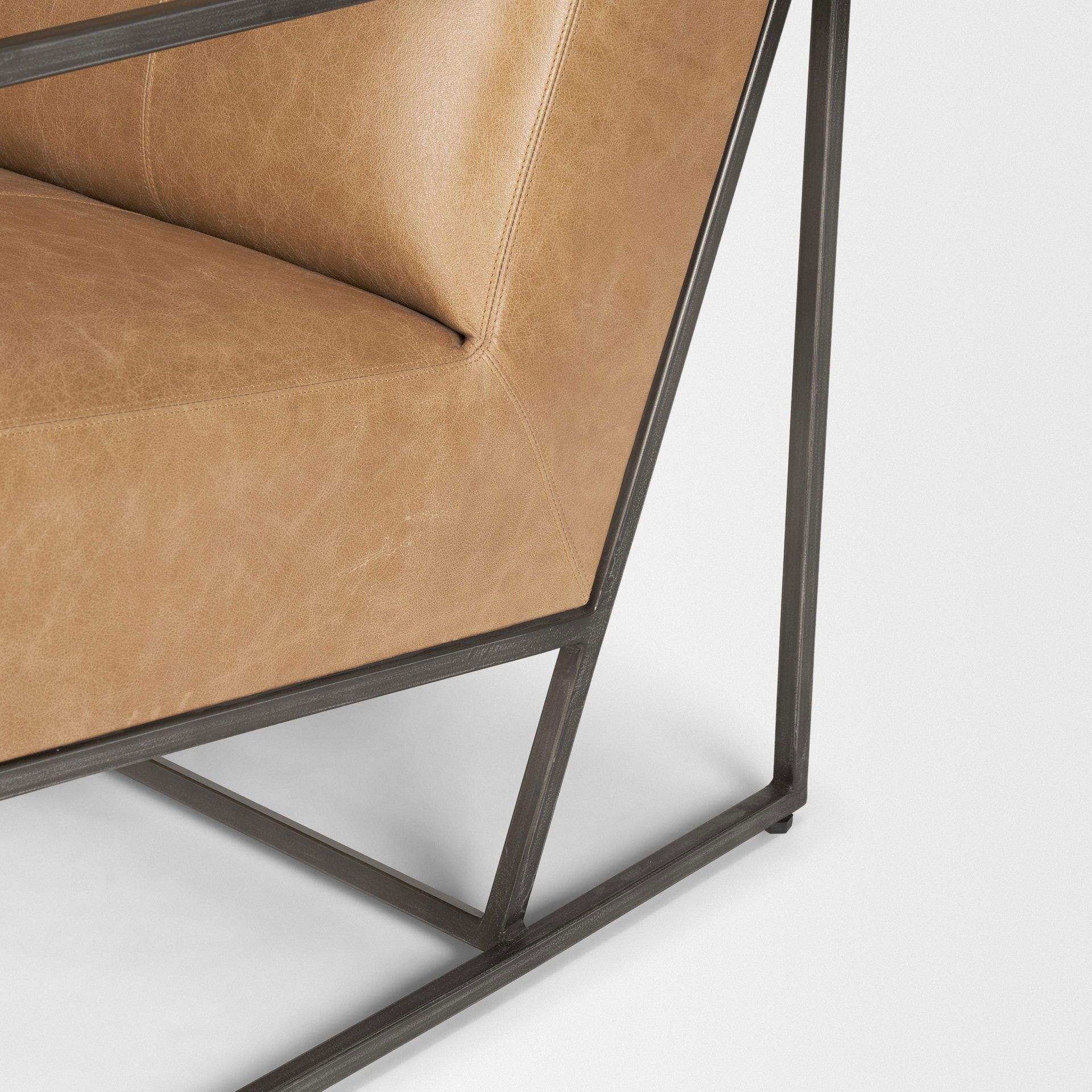 Stratton Gunmetal with Genuine Brown Leather Upholstered Accent Chair, by Mercana, 27.25" length x 36.5" width x 29.5" height View 11