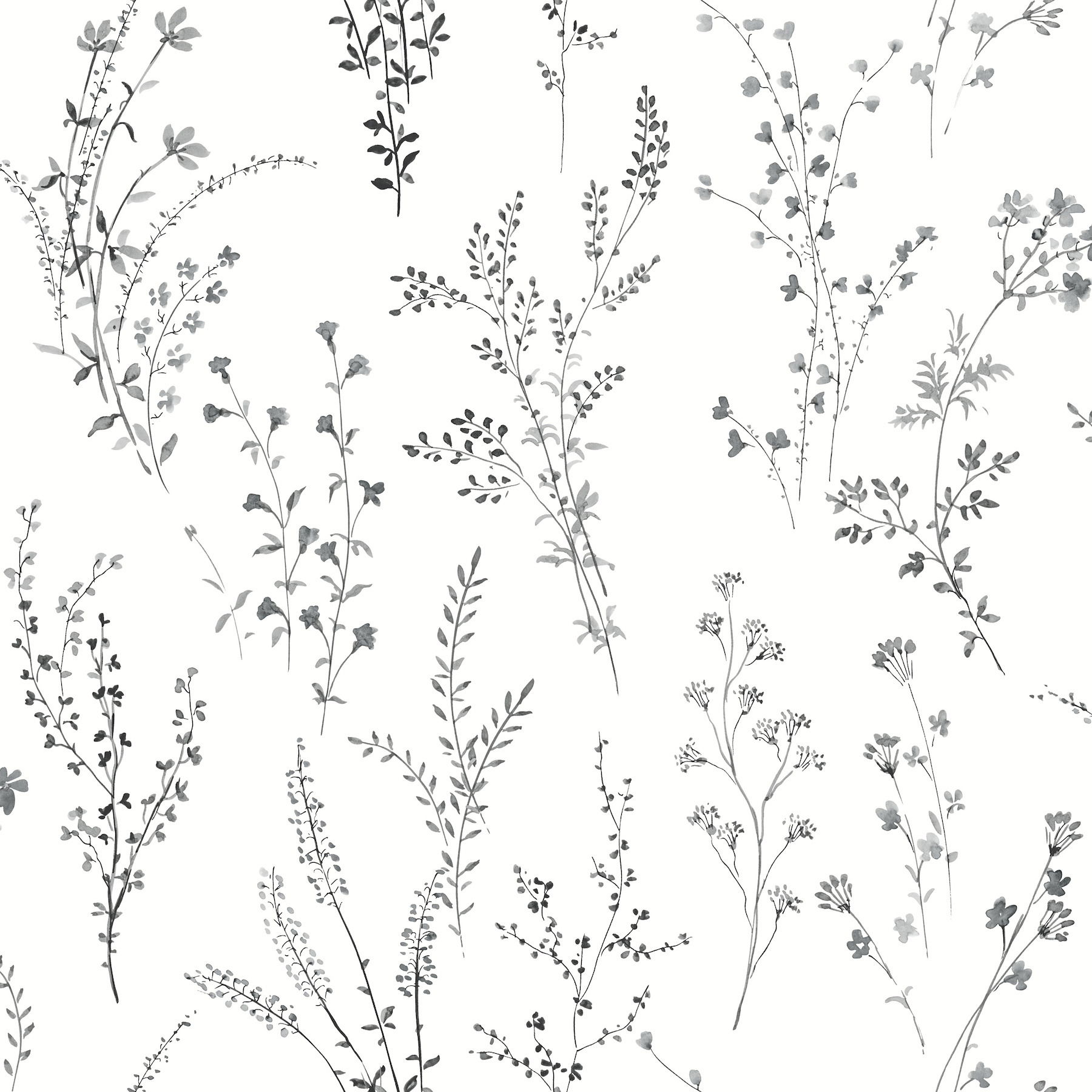 Wildflower Sprigs Black & White Peel & Stick Wallpaper large image 