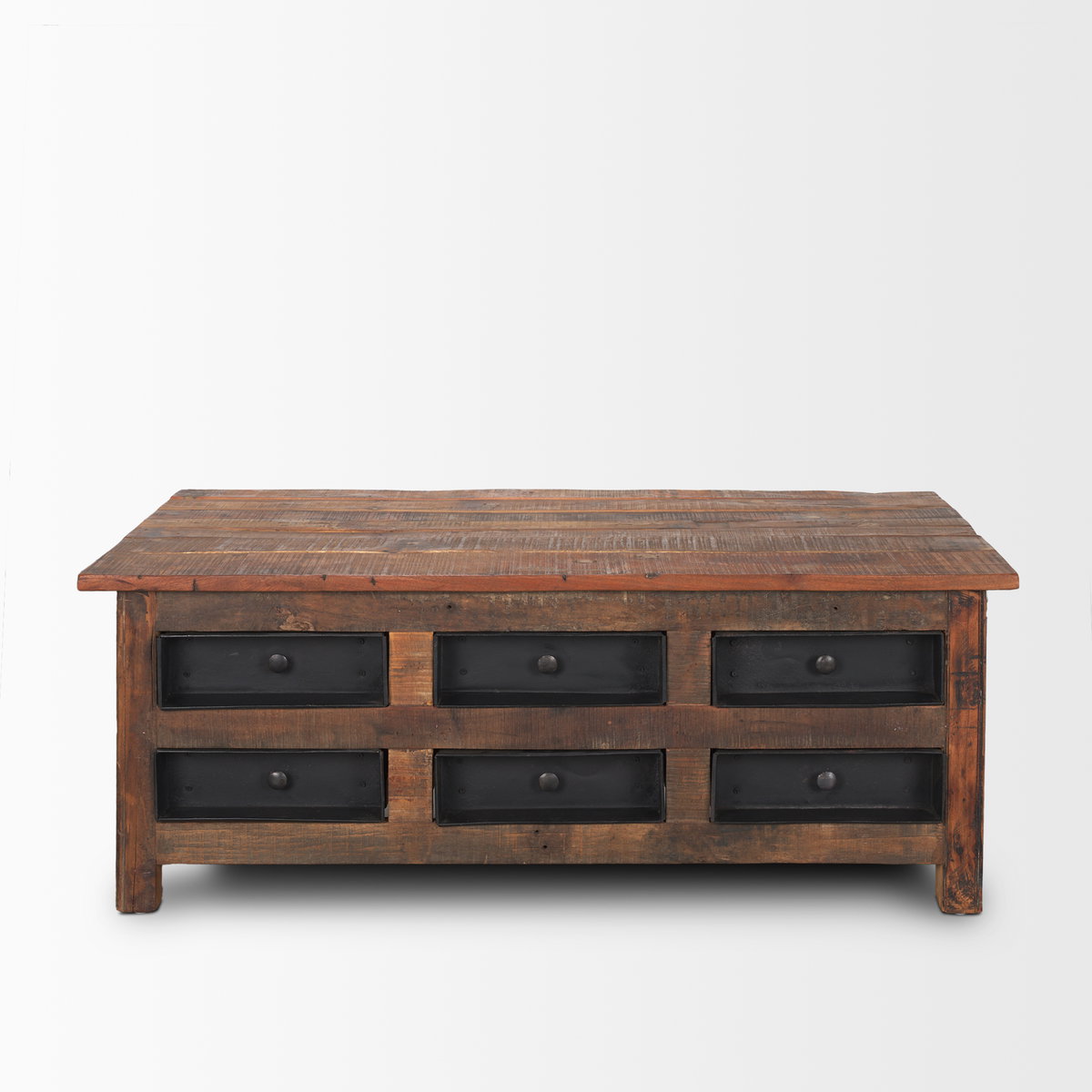 Wilton Brown Wood with 12 Black Metal Drawers Coffee Table, by Mercana, 48" length x 28" width x 18" height View 5