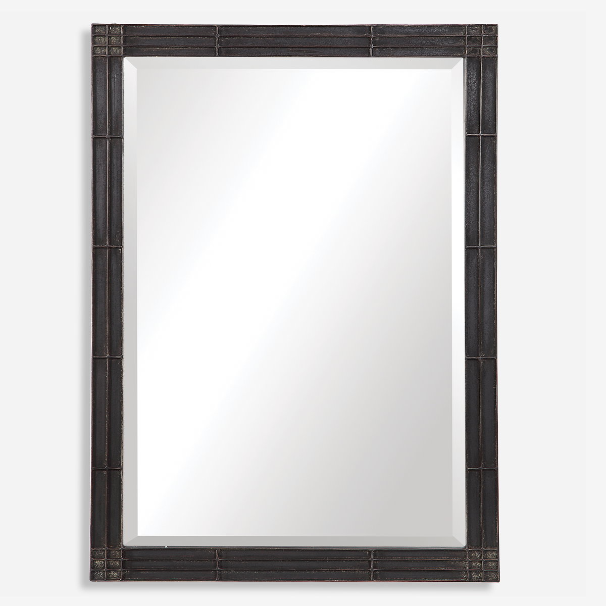Gower Aged Black Vanity Mirror, by Uttermost, 25.25" width x 34.62" height x 1.5" depth View 1