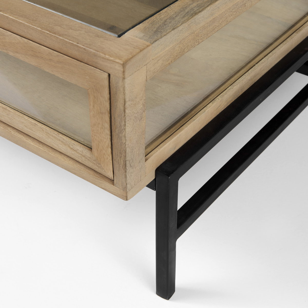 Arelius 42' Square Glass-Top Light Brown with Black Metal Base Display Coffee Table, by Mercana, 43.5" length x 42" width x 15" height View 14
