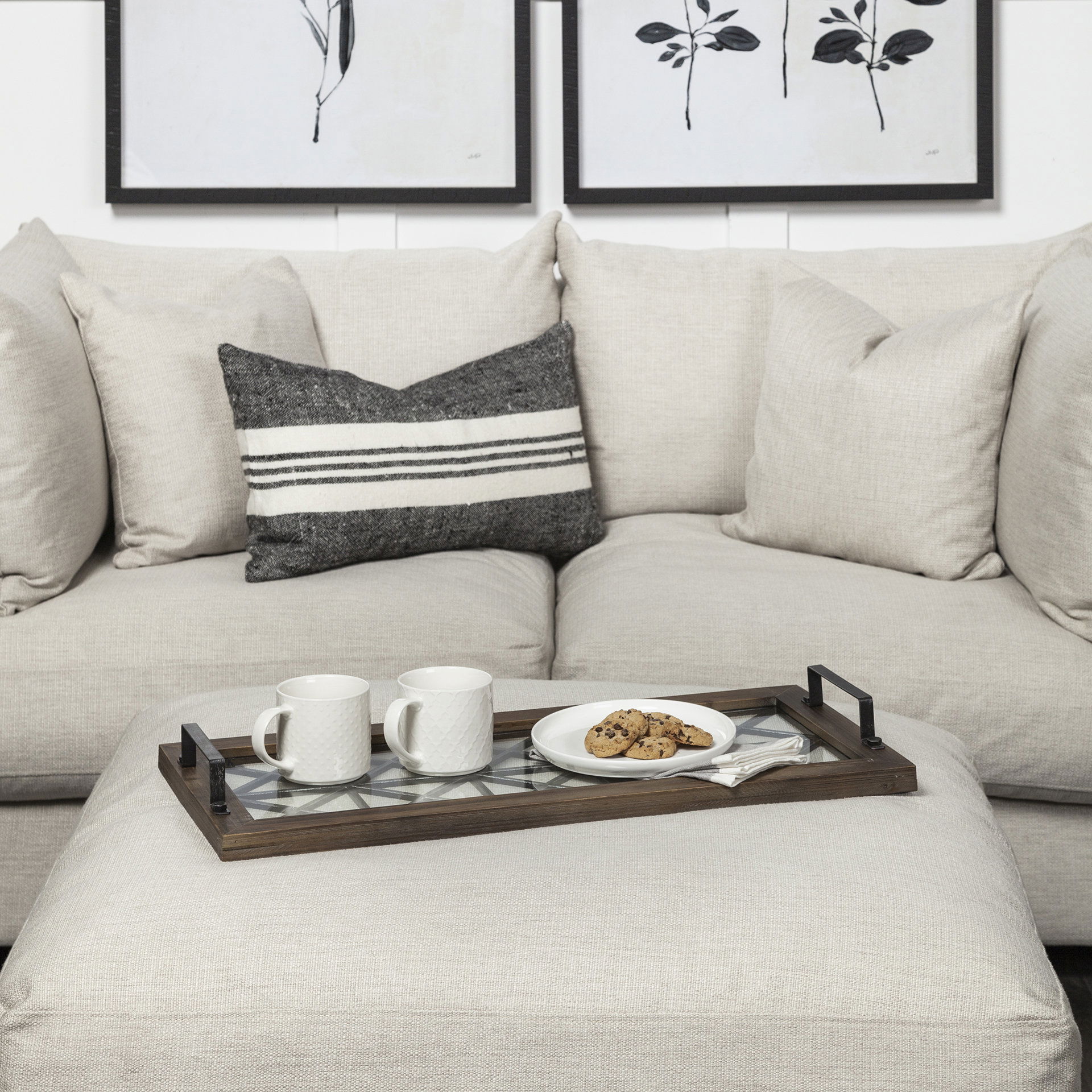 Ellingson 28L x 13W Black Rectangular Metal Glass Wood Bottom Tray, Decorative Tray by Mercana, 28" length x 12.99" width x 2.76" height View 2