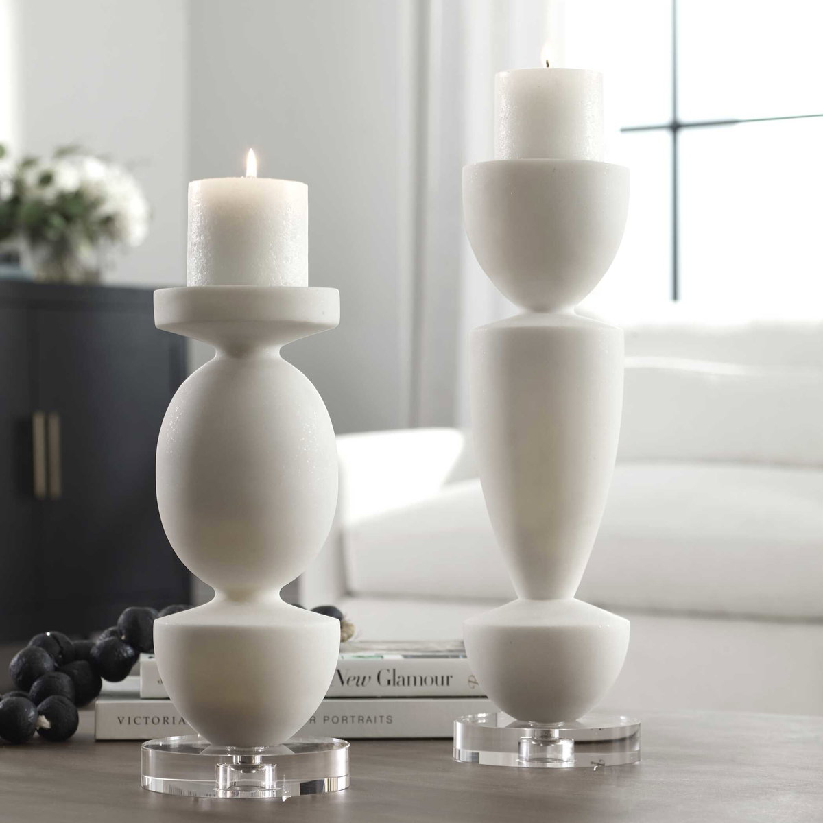 Lido White Stone Candleholders Set/2, Candles & Candle Holder by Uttermost, 5" width x 16" height x 5" depth View 2