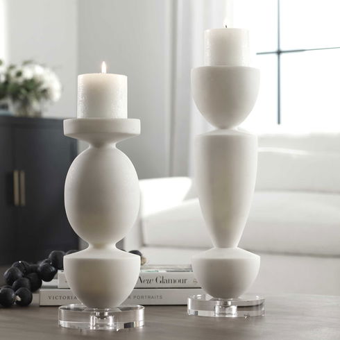Lido White Stone Candleholders Set/2