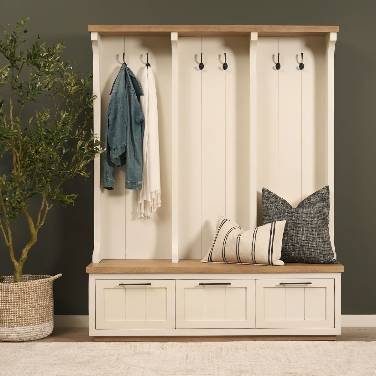 Fairview IV 61L x 17W White And Brown Wood With Storage Hall Tree, Entry & Hallway by Mercana, 61" length x 18" width x 76" height View 3