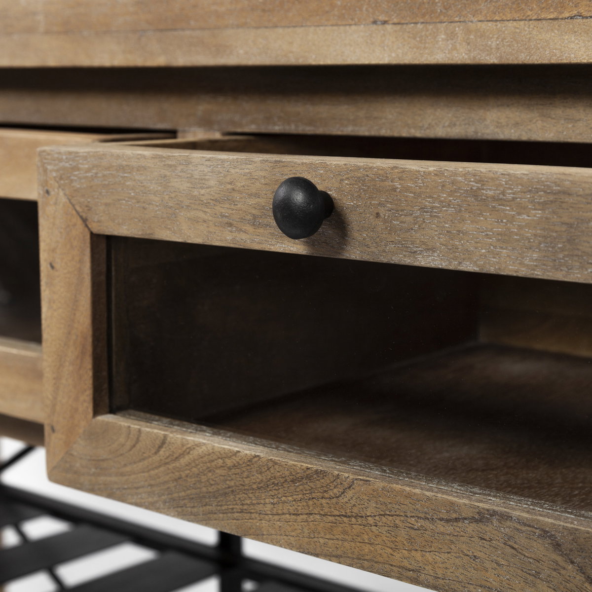 Stuart I Brown Solid Wood Top Two-Tier Black Metal Rolling Kitchen Island, by Mercana, 28" length x 63" width x 34.75" height View 10