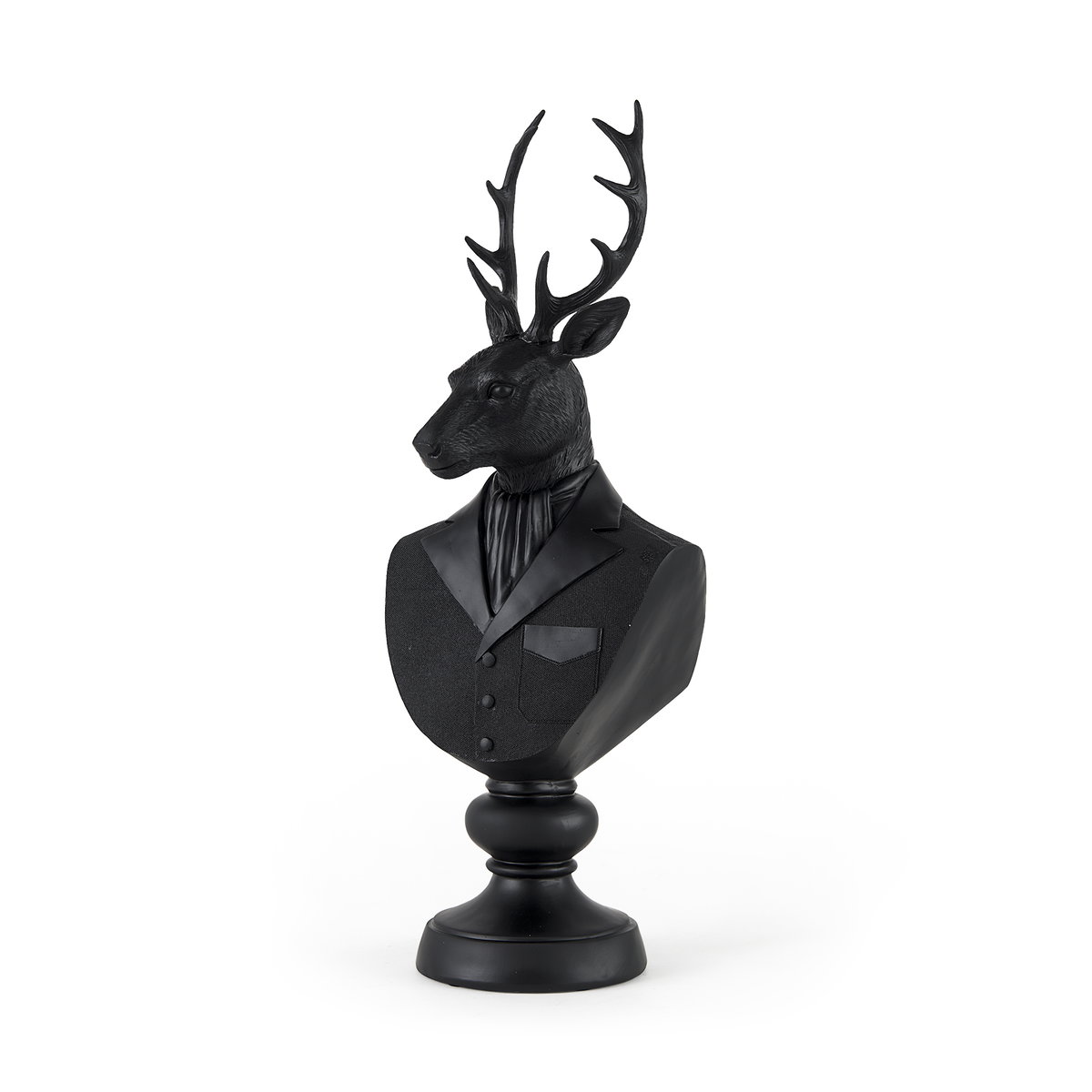 Mozart 22.5H Black Painted Resin Deer In A Suit Bust, Decorative Object by Mercana, 8.2" length x 6" width x 22.5" height View 1