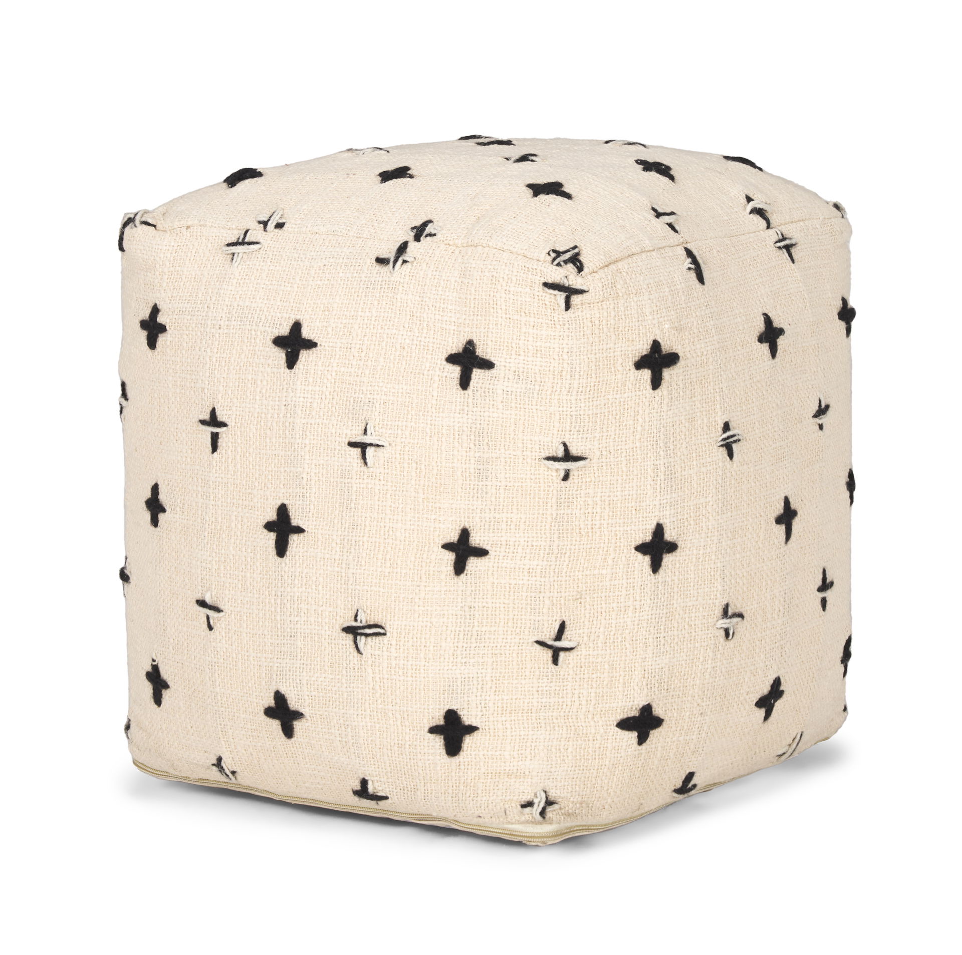 Saanvi Wool with Cream and Black Stitched Cross Patterned Pouf, Ottoman by Mercana, 16" length x 16" width x 16" height View 1