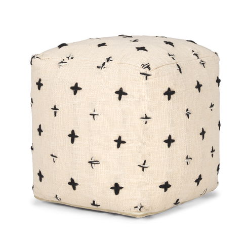 Saanvi Wool with Cream and Black Stitched Cross Patterned Pouf