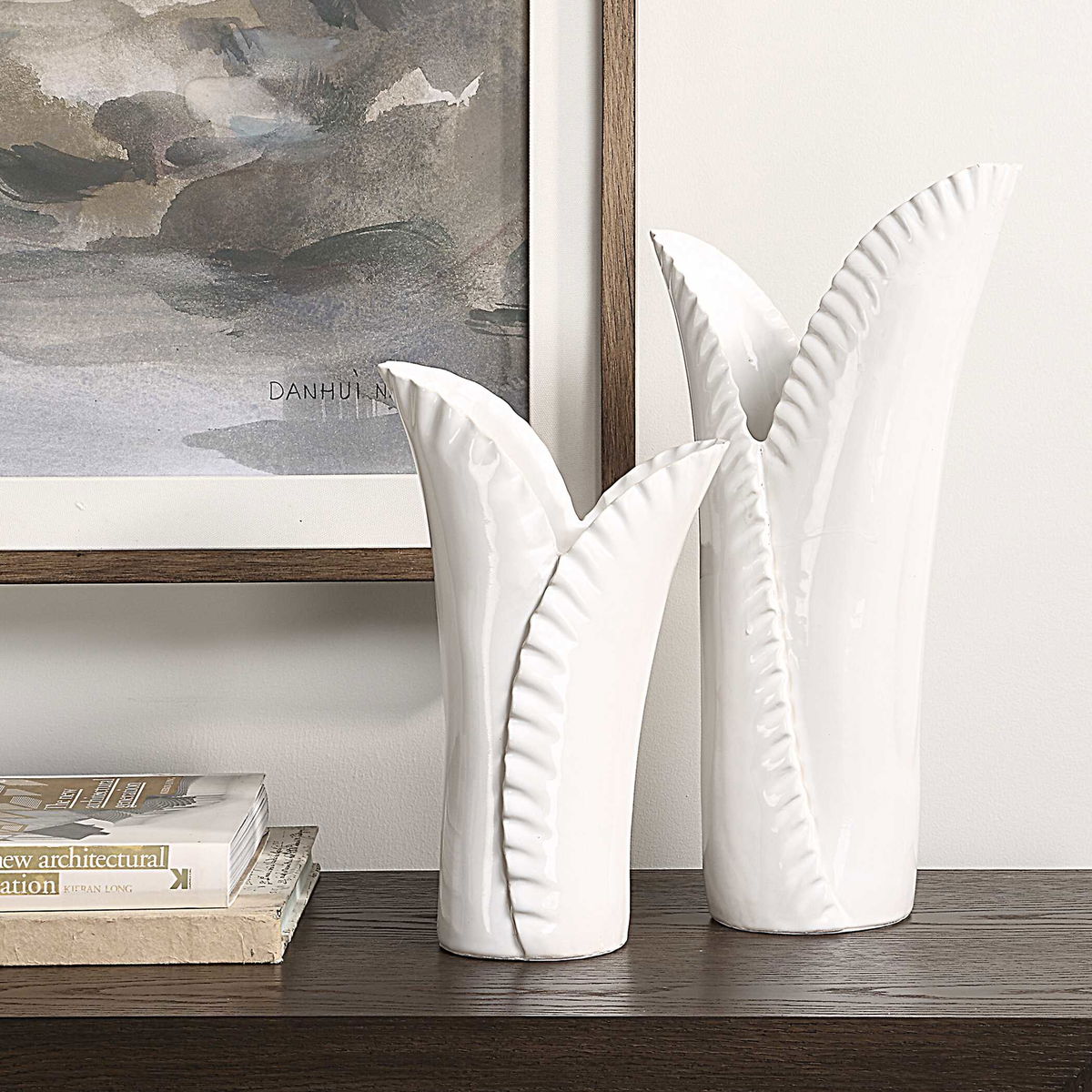 Leafscape White Vases Set/2, by Uttermost, 7.75" width x 15" height x 5.94" depth View 3