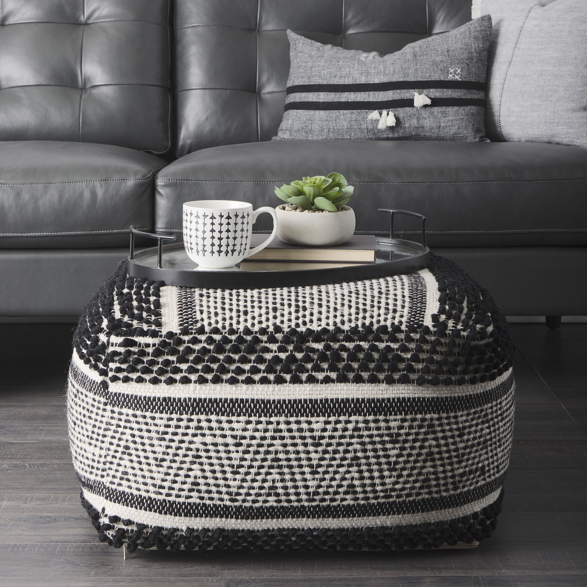 Garima   Black/White Wool and Cotton Patterned Pouf, Ottoman by Mercana, 22" length x 22" width x 14" height View 3