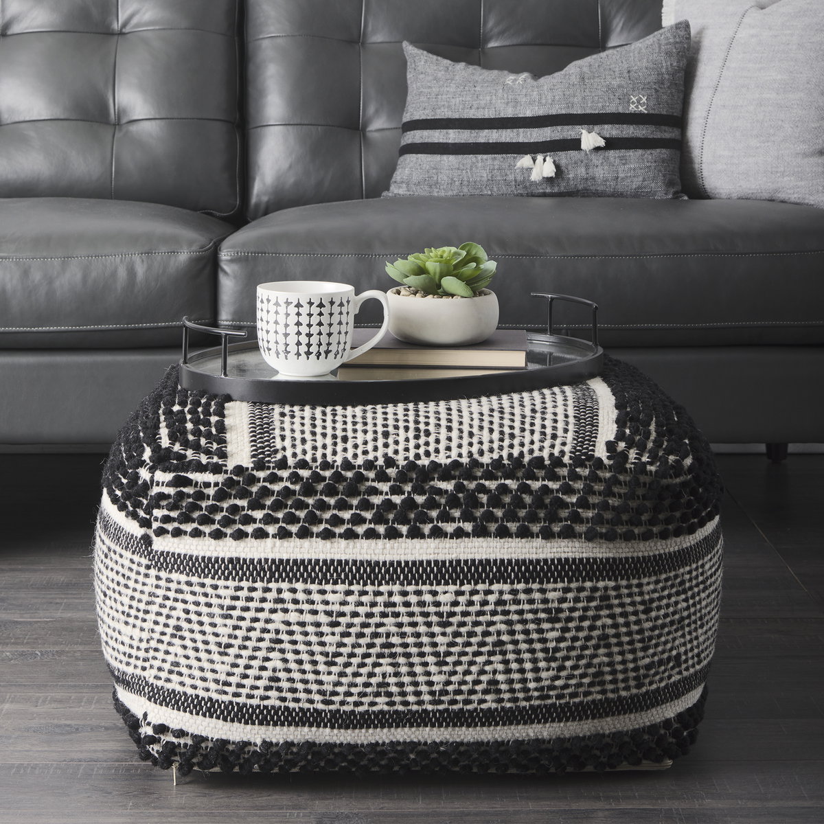 Garima   Black/White Wool and Cotton Patterned Pouf, Ottoman by Mercana, 22" length x 22" width x 14" height View 3