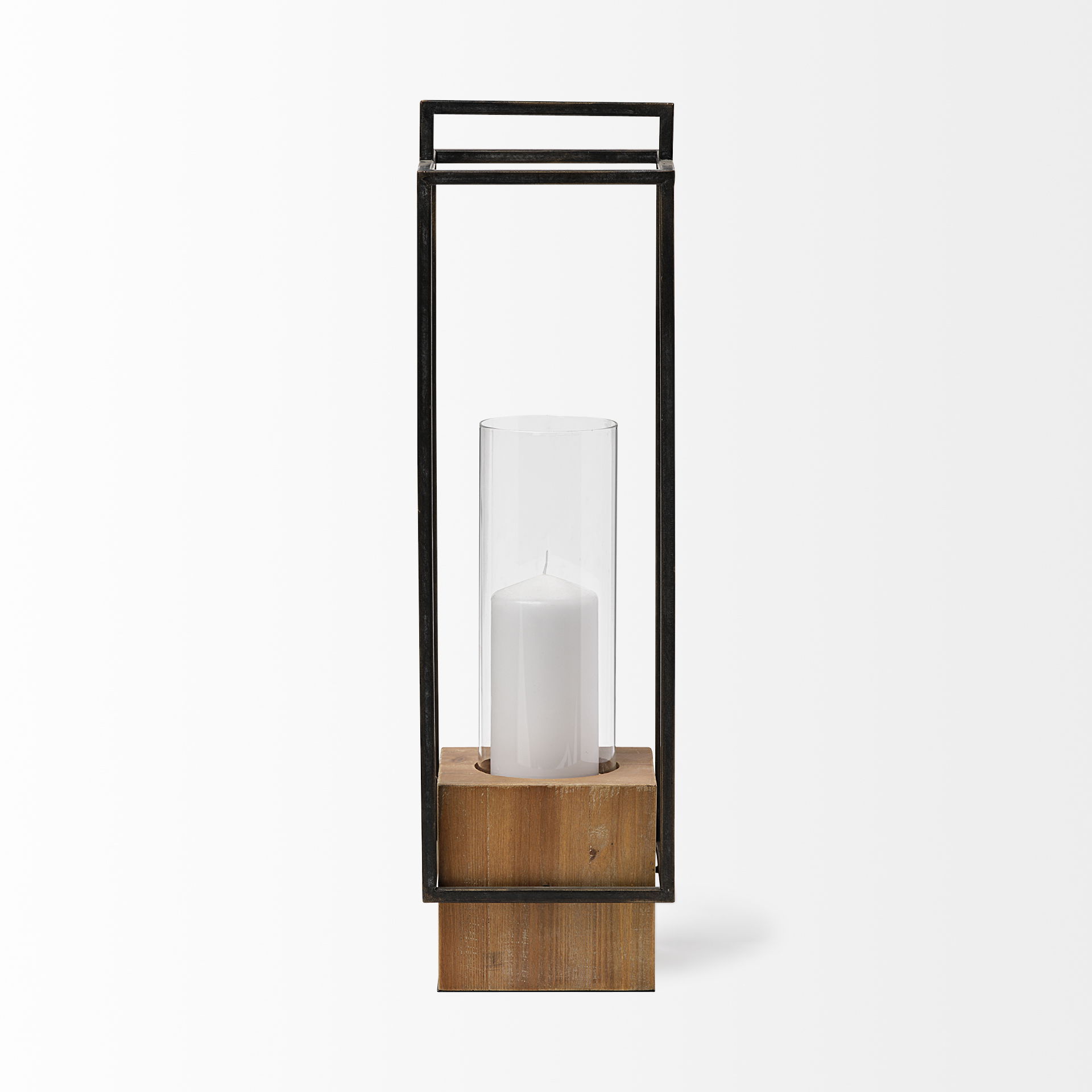 Orionis Large Wood with Black Metal Lantern Candle Holder, Lighting by Mercana, 6.69" length x 6.69" width x 23.82" height View 4