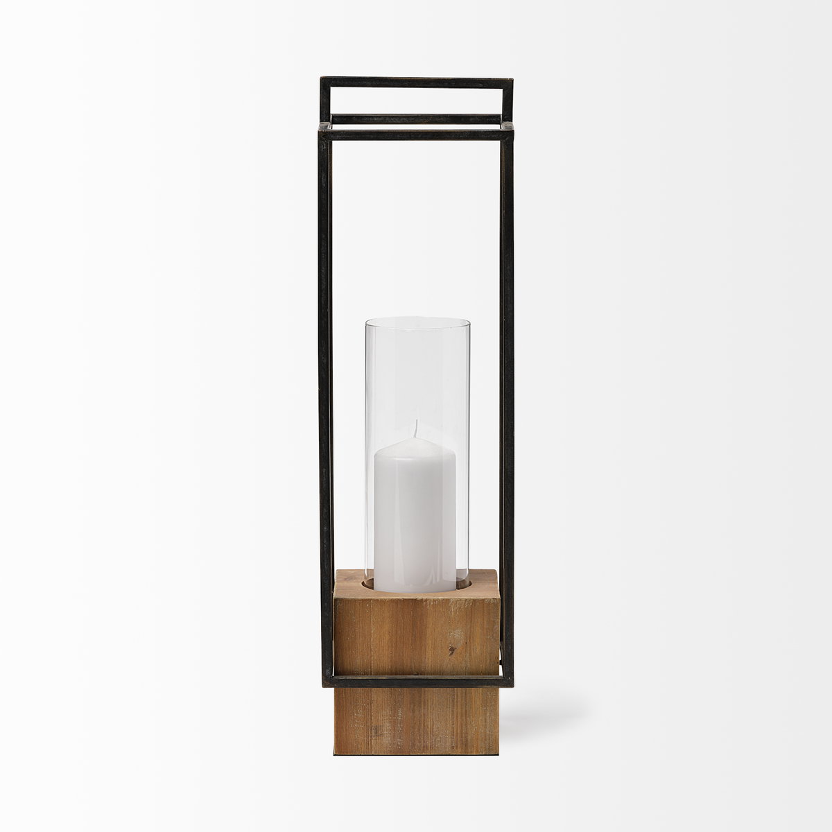 Orionis Large Wood with Black Metal Lantern Candle Holder, Lighting by Mercana, 6.69" length x 6.69" width x 23.82" height View 4