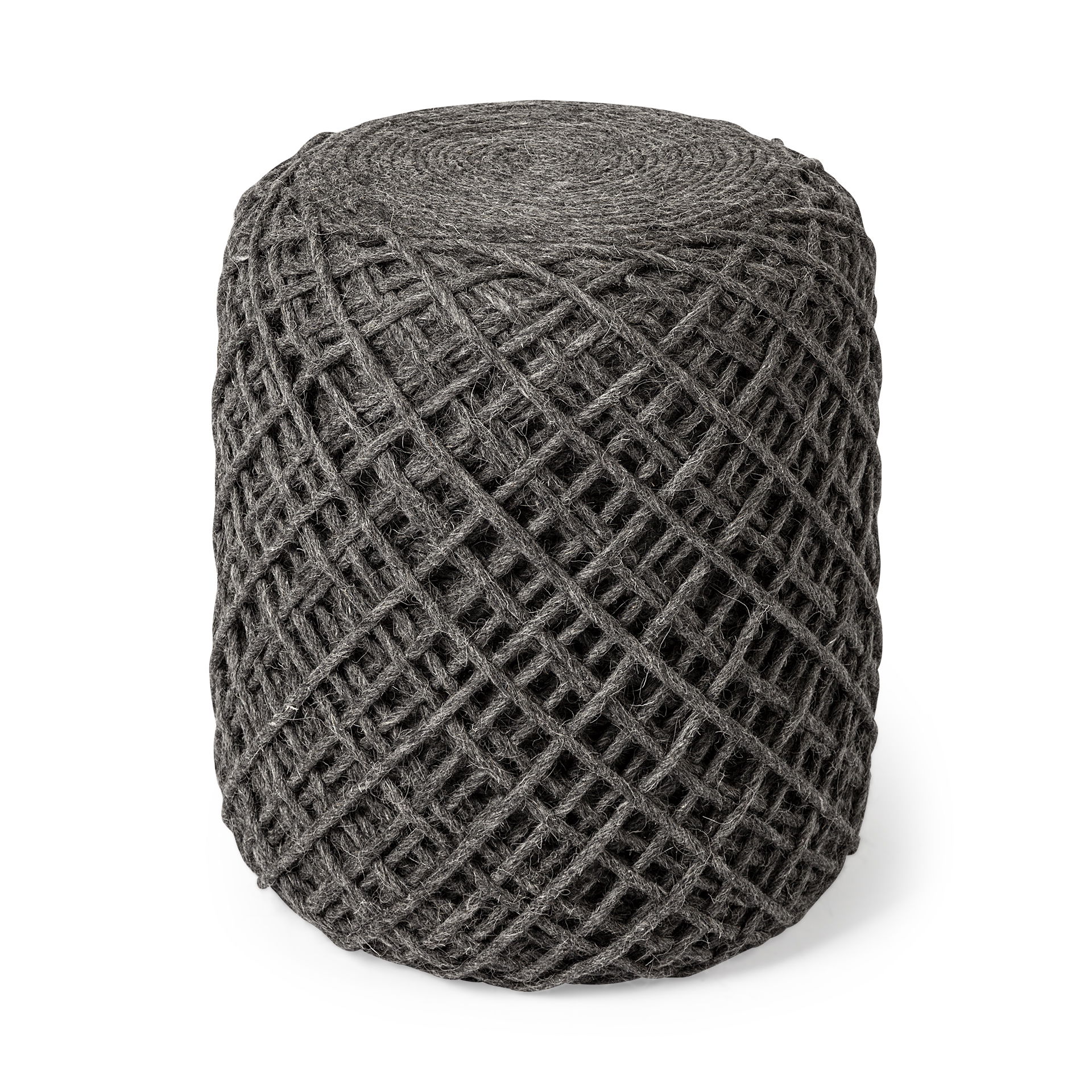 Allium Dark Gray Handwoven Wool Cylindrical Pouf, Ottoman by Mercana, 15.75" length x 15.75" width x 17.75" height View 1