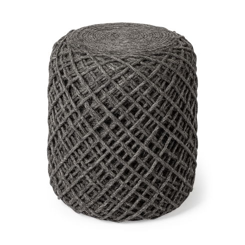 Allium Dark Gray Handwoven Wool Cylindrical Pouf