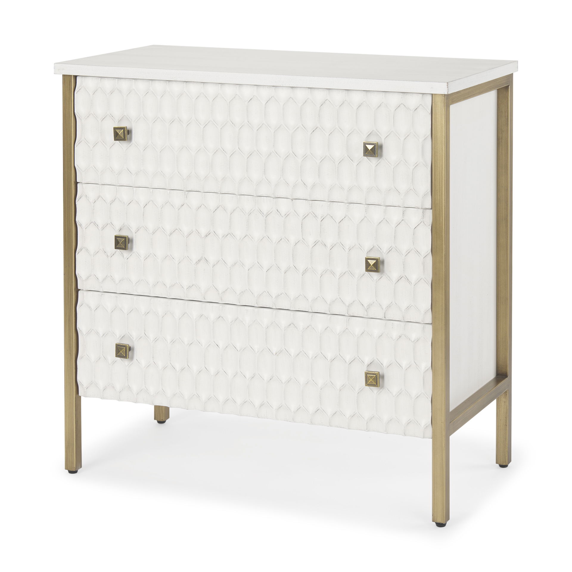 Savannah White Fir Veneer with Gold Metal 3-Drawer Accent Cabinet, Cabinets & Chest by Mercana, 31.89" length x 15.94" width x 31.5" height View 1