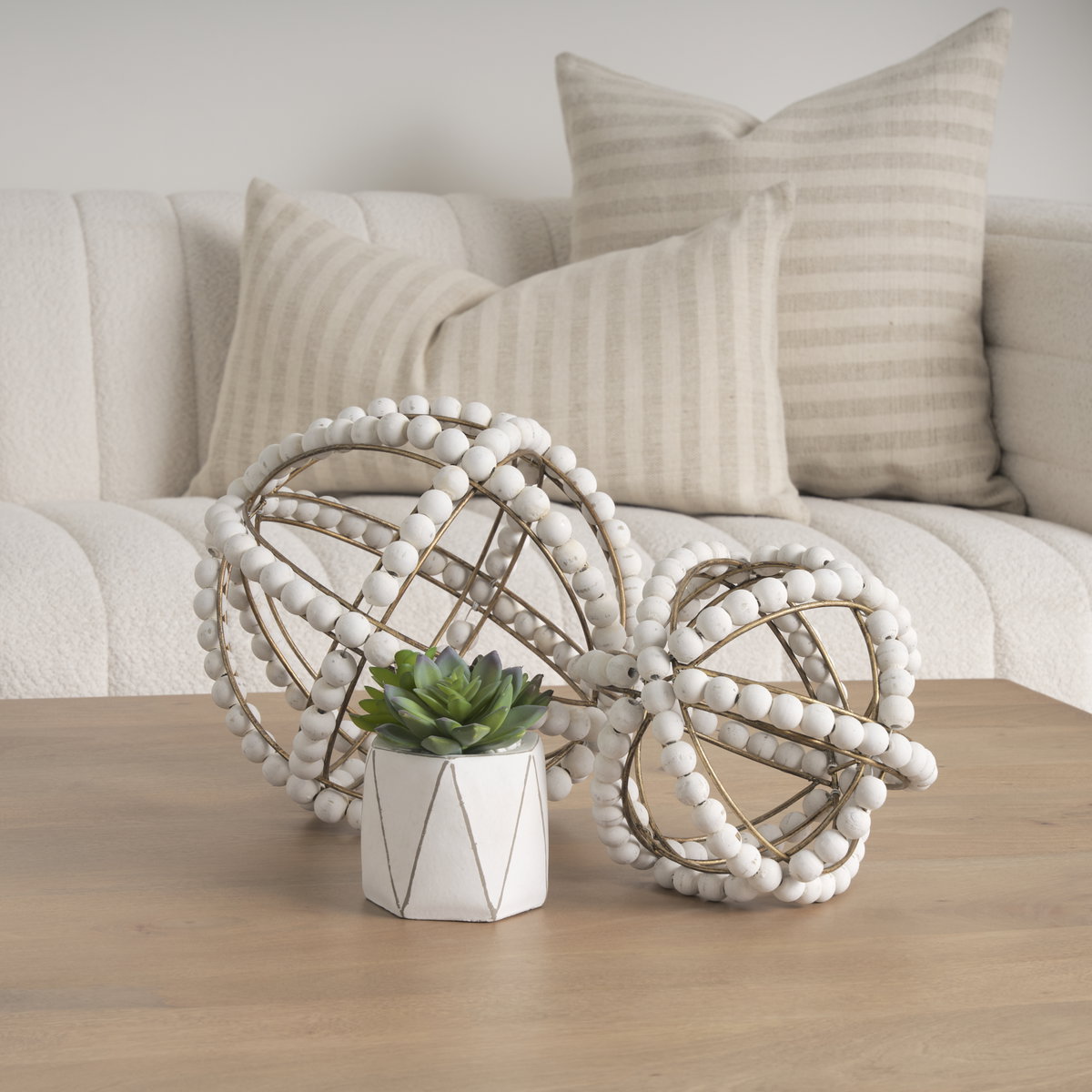 Espanlade I Small 9L x 9W White Wooden Beaded Orb, Decorative Object by Mercana, 8.66" length x 8.66" width x 8.86" height View 2