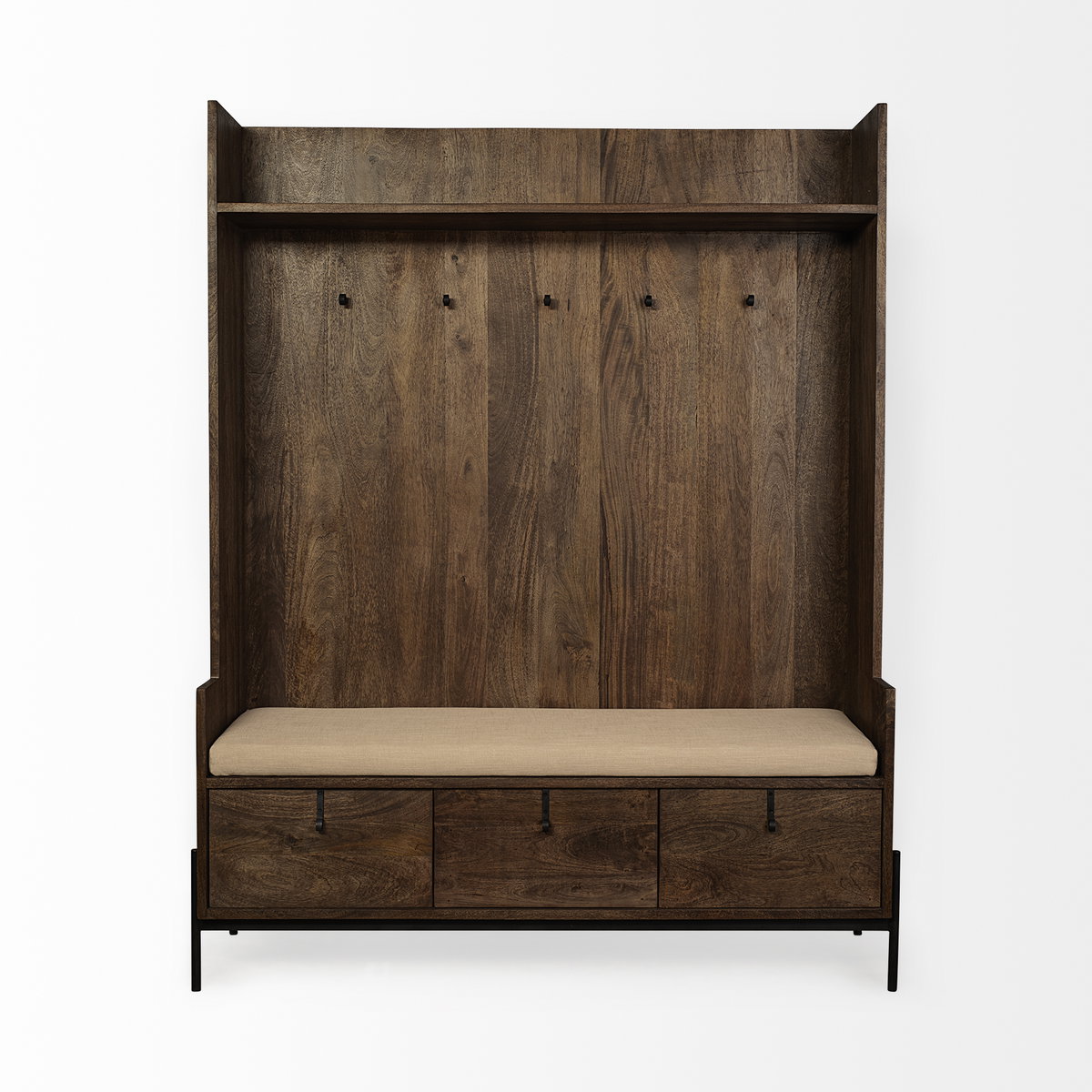 Glenn V 56L x 17W Dark Brown Wood with Cream Fabric Seat, 3 Drawers Hall Tree, Entry & Hallway by Mercana, 55.5" length x 16.5" width x 70" height View 5