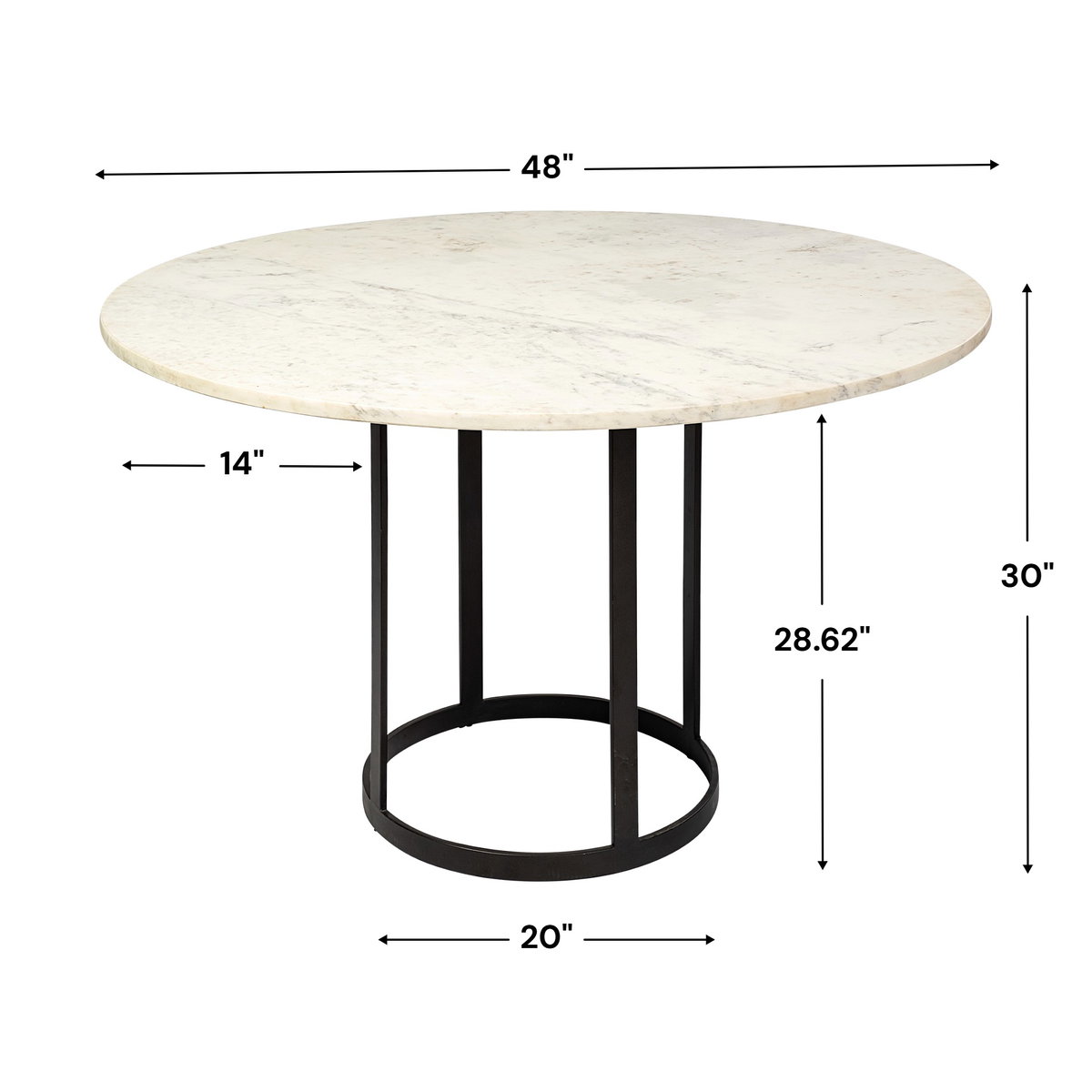 Tanner 48' Round Pedestal Dining Table | Modern | White Marble & Black Metal | Seats 4, by Mercana, 48" length x 48" width x 30" height View 5