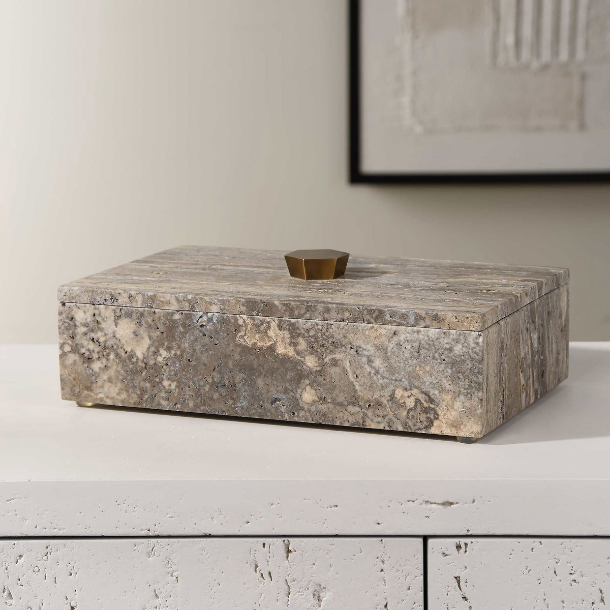 Griseus Travertine Stone Box, Boxe by Uttermost, 9.5" width x 2.75" height x 6" depth View 3