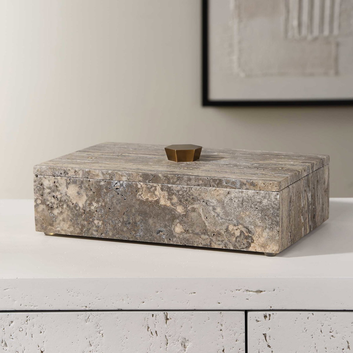 Griseus Travertine Stone Box, Boxe by Uttermost, 9.5" width x 2.75" height x 6" depth View 3