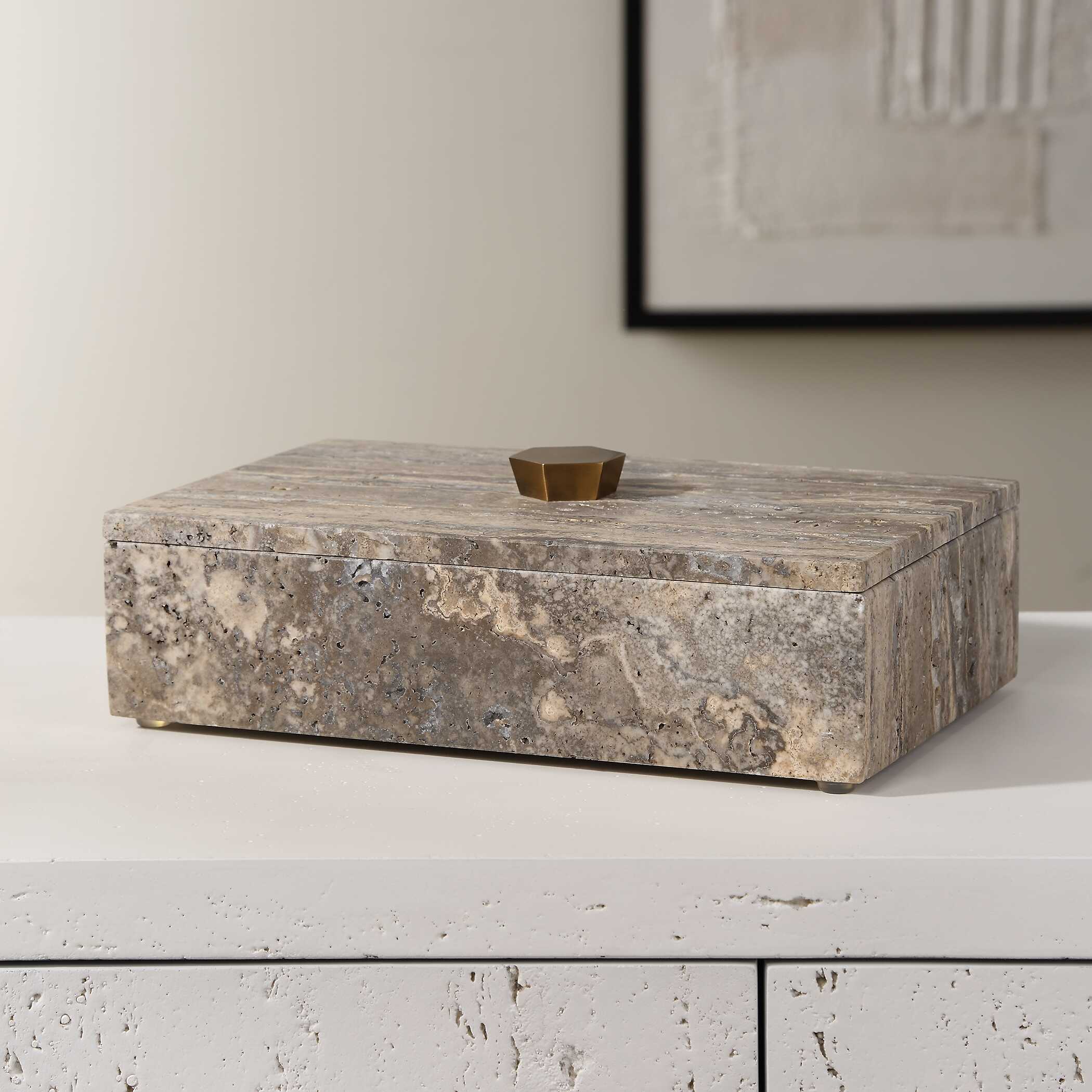 Griseus Travertine Stone Box, Decorative by Uttermost, 9.5" width x 2.75" height x 6" depth View 3
