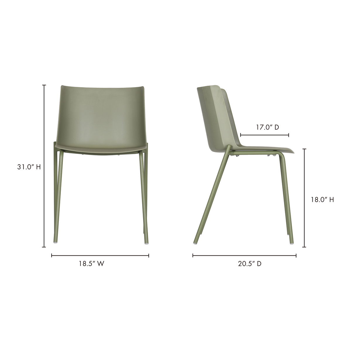 Silla Outdoor Dining Chair Sage Green - Set Of Two, Outdoor Chair by Moe's Home, 1'6.5" width x 2'7" height x 1'8.5" depth View 13